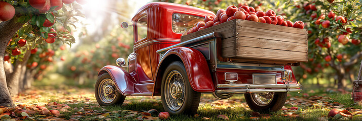 A vintage red pickup carrying fresh apples in a sunlit autumn orchard, blending nostalgia, realism, and rustic charm in a bright, heartwarming farm scene. Generative Ai.