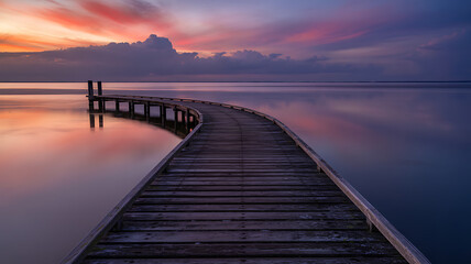 Obraz premium Breathtaking sunset over tranquil water reflecting vibrant colors on a winding wooden pier, creating a serene and peaceful atmosphere for contemplation