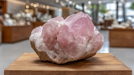 Rose quartz crystal displayed on a wooden stand in a store.