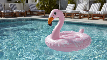 Pink flamingo inflatable float in a clear blue swimming pool.