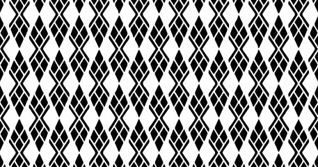 Black and white geometric diamond pattern creating a seamless abstract background suitable for textiles, wallpapers, and modern decorative print designs.