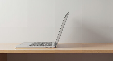 Laptop resting on wooden desk against a plain wall  
