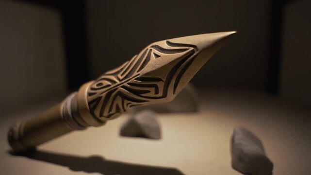 Close-up of a wooden spearhead with intricate carvings on a display with rocks in a dark room.