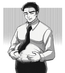 劇画漫画風・ビール腹に悩み落ち込む中年男性のイラスト