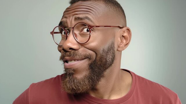 Man with a beard and glasses is looking at the camera with a surprised expression. Concept of curiosity and intrigue