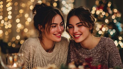 Happy girlfriends celebrating Christmas together