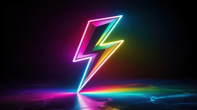 Neon lightning bolt with rainbow reflection on dark surface image