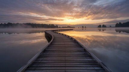 Obraz premium Discover Tranquility on a Mystical Wooden Pathway at Sunrise, Perfect for Serene Escapes and Mindful Moments