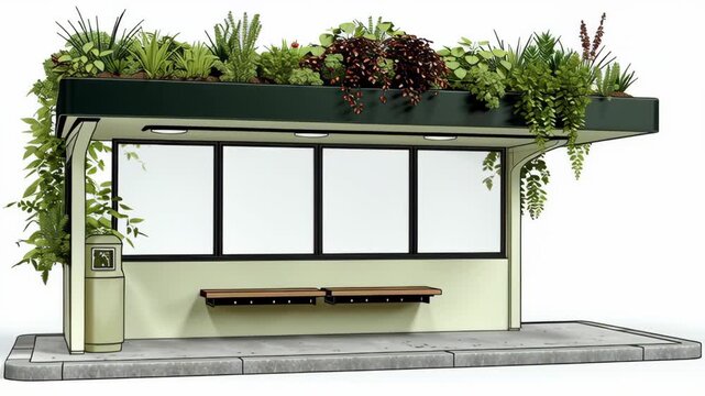 Bus stop with a green roof and a bench. The bench is empty