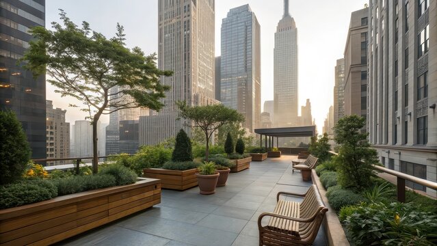 Modern rooftop garden in urban cityscape at sunrise, green terrace with benches and potted trees, sustainable architecture concept, peaceful skyline view, outdoor relaxation space in metropolis