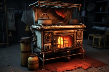Naklejka premium Antique stove glowing warmly in a cozy, rustic kitchen setting