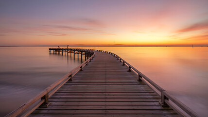Tranquil waters meet the shore at sunset with a wooden pier stretching into the distance, perfect for peaceful moments and dreamy getaways