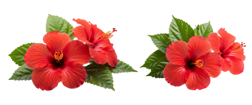 Two vibrant red hibiscus flowers with green leaves isolated on transparent background, perfect for tropical themed designs generative ai illustration