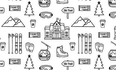 Seamless vector pattern with ski resort doodles. Icons include hotel, ski lifts, boots, goggles, coffee, mountains, trees, trail signs, gloves, and tickets. Perfect for winter fabric, wrapping paper, 