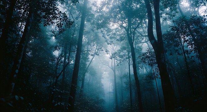 Ethereal Forest - Misty Light Filtering Through Towering Trees.