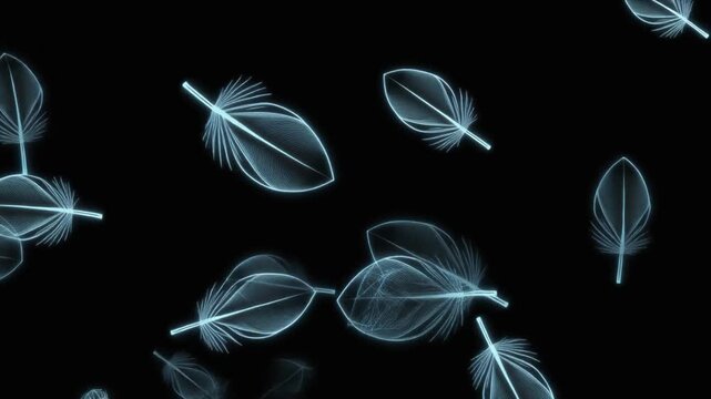 Glowing blue feathers floating against a dark background with a cinematic lighting effect.