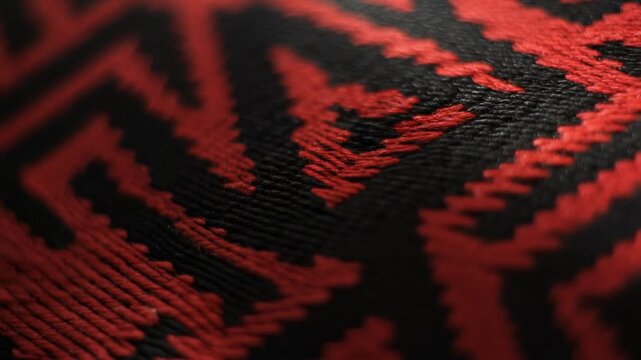 Close-up of a vibrant red and black woven fabric with geometric patterns