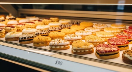 Delectable artisan pastries and desserts displayed in a bakery shop window, ready to enjoy