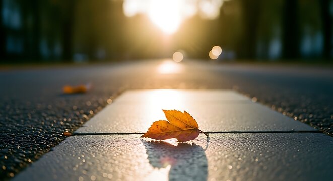 Fallen autumn leaf on a stone path during golden hour sunset. - Powered by Adobe