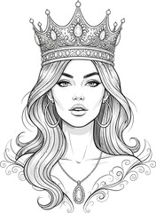 bilion4.eps Elegant Queen Portrait Line Art | Royal Woman Illustration | Crowned Beauty Sketch