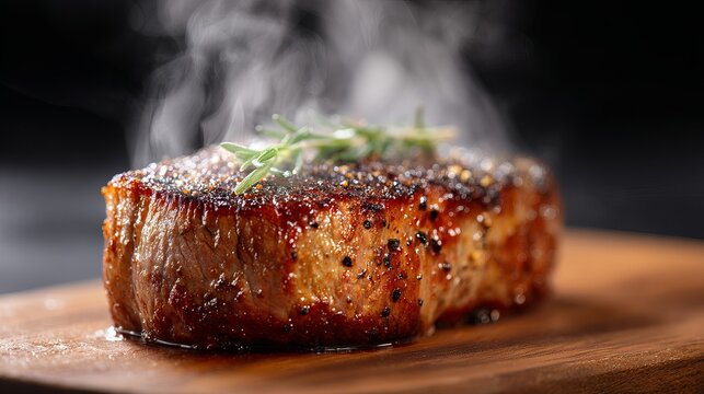 Juicy seared steak resting on rustic wooden cutting board with rising steam close up grilled beef meat food photography for restaurant menu and barbecue concept - Powered by Adobe