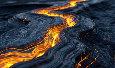Molten lava flowing on volcanic rock formation landscape