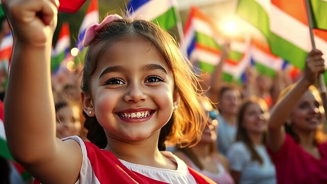 A happy young Indian girl smiling while waving the national flag in a crowd. Close-up portrait of a patriotic child during a national celebration. India's Independence Day and unity concept
