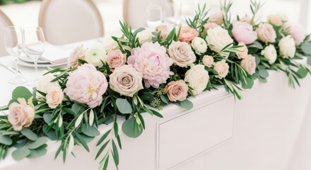 Elegant floral centerpiece with pastel roses and peonies creates a romantic wedding atmosphere