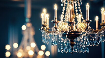 Luxury Crystal Chandelier with Warm Lights Glowing Against a Dark, Dramatic Background