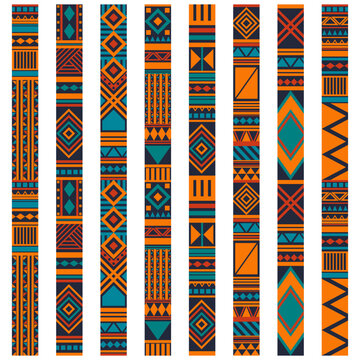 Seamless African tribal patterns and traditional textile designs with geometric motifs and cultural fabric prints from Africa for a border or frame isolated on a white background