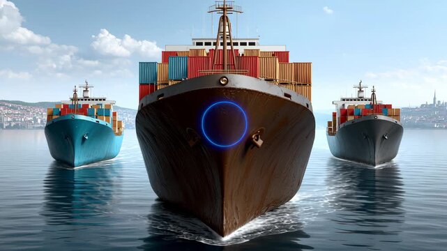 Three large cargo ships are in the water, with the middle one being the largest. The ships are all heading in the same direction, and the water is calm