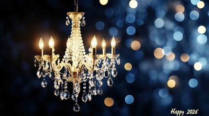 Luxury Crystal Chandelier with Warm Lights Glowing Against a Dark, Dramatic Background