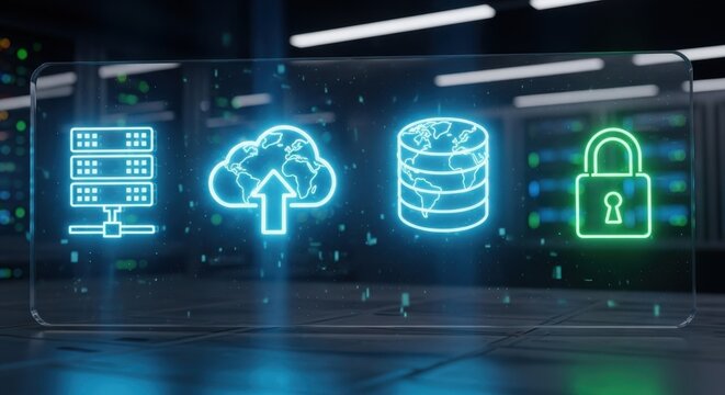Holographic glass interface showing web hosting icons in glowing cyber aesthetics