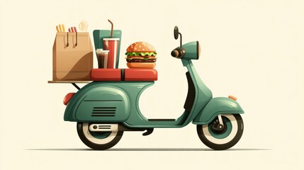 Fast food delivery action scooters and meal set icons for online ordering in urban environments