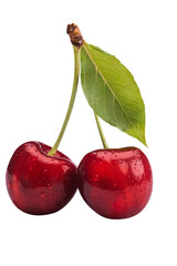 two red cherries with leaf and water droplets on white background.