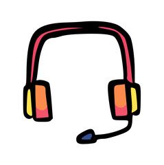 Hand Drawn Headset with Microphone Doodle Vector Illustration. Customer Service Earpiece Sketch Icon for Call Center, Online Support, Gaming, Telecommuting, Communication