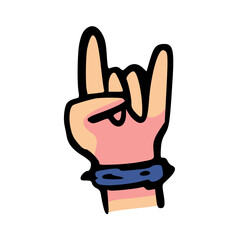 Hand Drawn Rock and Roll Sign Doodle Vector Illustration. Devil Horns Gesture Sketch Icon with Studded Bracelet for Music, Heavy Metal, Concert, Protest, Cool, Fun, Minimalist