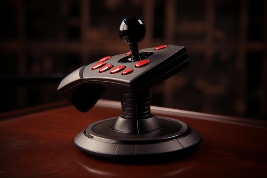 Classic arcade joystick with red buttons on wooden surface