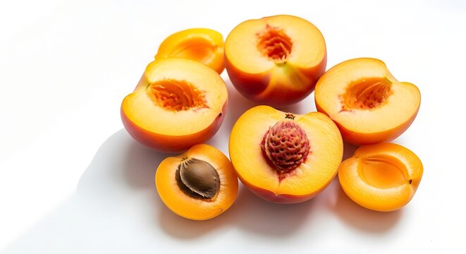 Freshly cut peaches and apricots on a white background