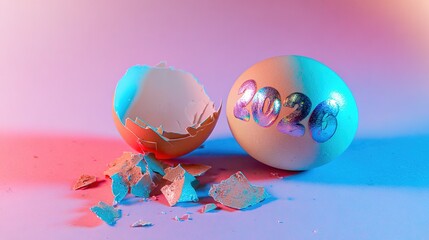 2026の入った卵が割れて、中から花火が現れる