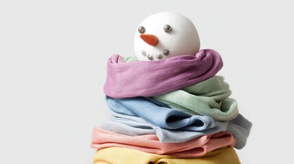 白い背景にカラフルなスカーフを巻いた雪だるま