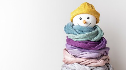 白い背景にカラフルなスカーフを巻いた雪だるま