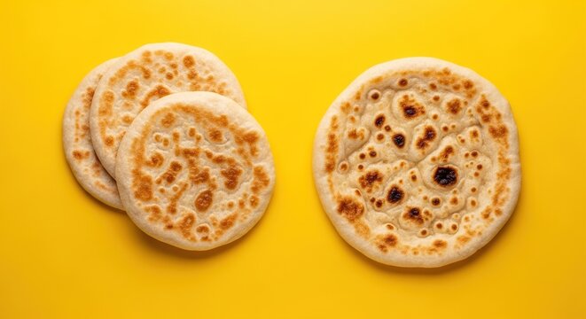 Freshly baked golden flatbreads with browned spots on a vibrant yellow background.
