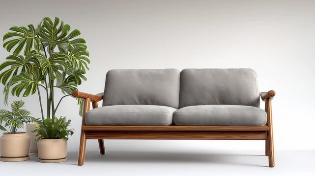 Grey couch sits in front of a potted plant. The couch is large and has two cushions. The plant is tall and green, with leaves that are spread out. The scene is simple and clean