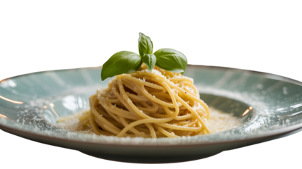 Delicious spaghetti cacio e pepe topped with fresh basil on a blue plate dish on transparent background