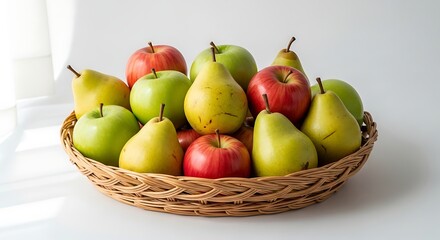 Basket of fresh apples and pears on a white surface