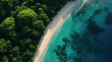 Aerial View of Hidden Tropical Beach Cove with Turquoise Ocean Water and Lush Green Cliffs at Sunrise