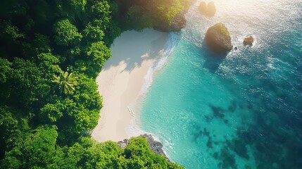 Aerial View of Hidden Tropical Beach Cove with Turquoise Ocean Water and Lush Green Cliffs at Sunrise