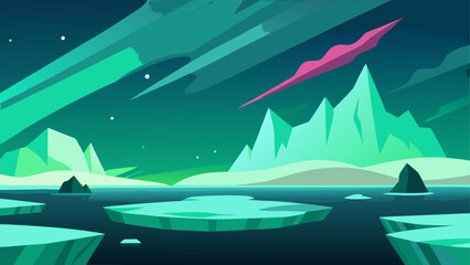 Landscape with icebergs mountains and colorful sky