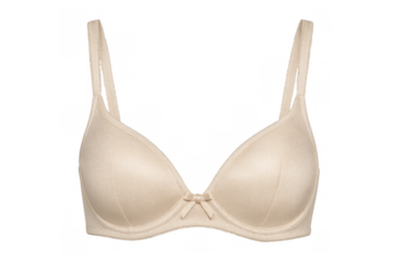 Beige push-up bra with small bow offering comfort and support, isolated on transparent background